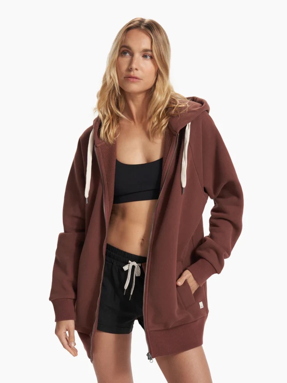Vuori Women's Brown Full-Zip Hoodie with Cream Drawstrings